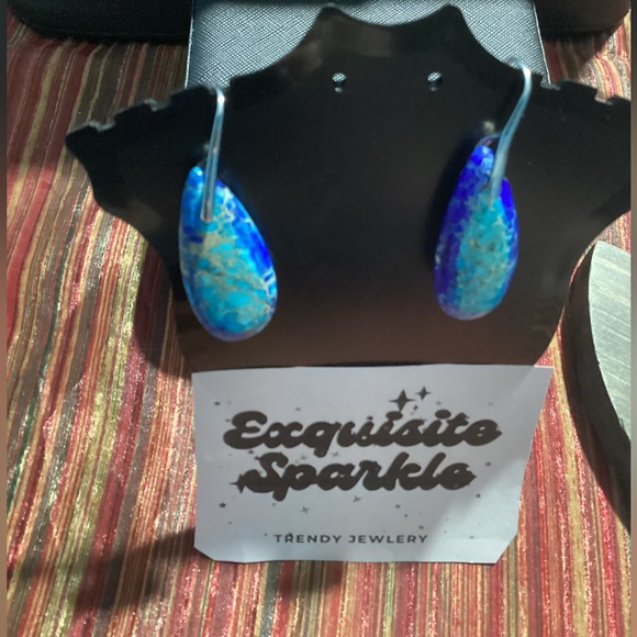 🪸Blue Sea Sediment Waterdrop Natural Stone French hook Earrings🐚 - Picture 4 of 12